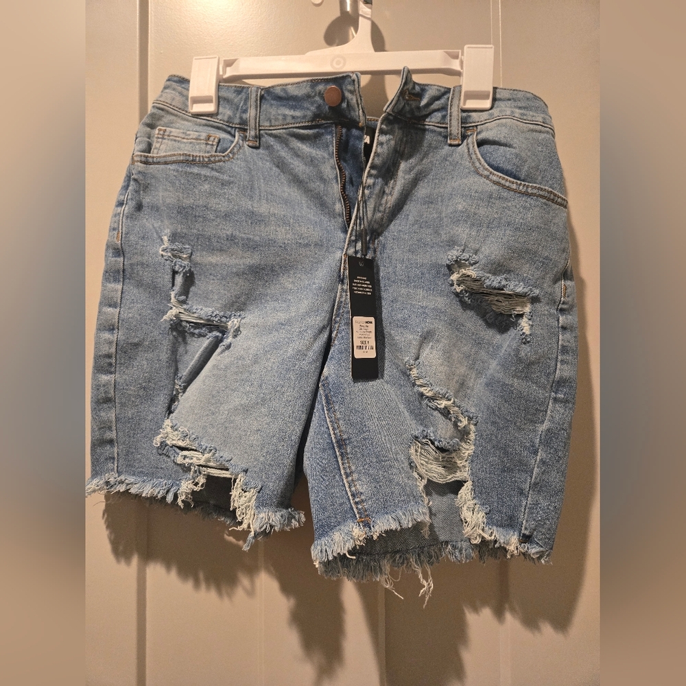 Fashion Nova Light Blue Distressed Jean Bermuda Shorts